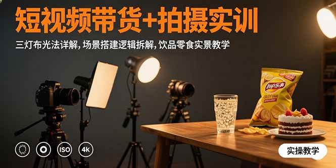 （15540期）短视频带货+拍摄实训：三灯布光法详解,场景搭建逻辑拆解,饮品零食实景教学-菜菜网创