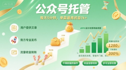 【公众号托管 】我提供文章，你发布，每天5分钟，单篇最高收益1k+【揭秘】-菜菜网创