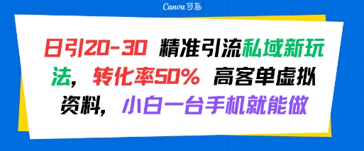日引 20-30 精准引流私域新玩法，转化率50% 高客单虚拟资料，小白一台手机就能做-菜菜网创