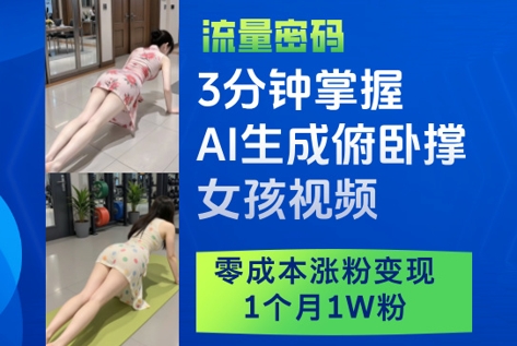 3分钟掌握AI生成俯卧撑女孩视频，零成本涨粉变现，1个月1W粉-菜菜网创