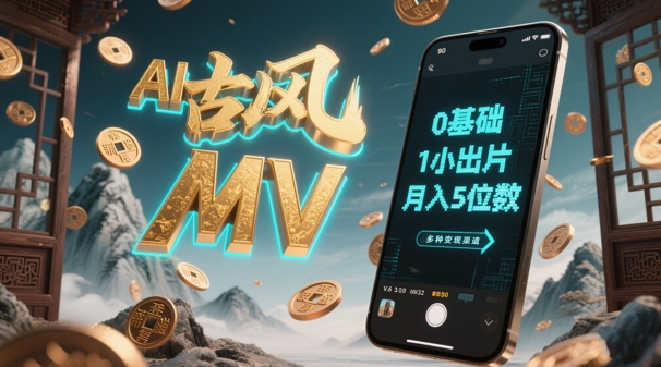 AI一键生成古风音乐MV，0剪辑基础1小时出片，多种变现渠道，一部手机月入5位数-菜菜网创