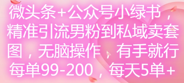 微头条+公众号小绿书，精准引流男粉到私域卖套图，无脑操作，有手就行，每单99-200，每天5单-菜菜网创