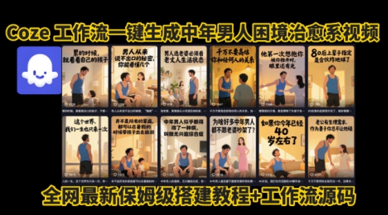 coze工作流一键生成”中年男人困境扎心高涨粉高播放量图文视频”保姆级拆解教程，无需剪辑，无需拍摄写文案-菜菜网创