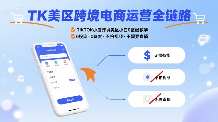TK美区跨境电商运营全链路，TIKTOK小店跨境美区小白0基础教学，0投流0备货不拍视频不需要直播-菜菜网创
