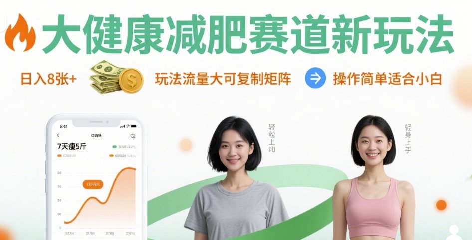 大健康减肥赛道新玩法日入8张，玩法流量大可复制矩阵，操作简单适合小白-菜菜网创