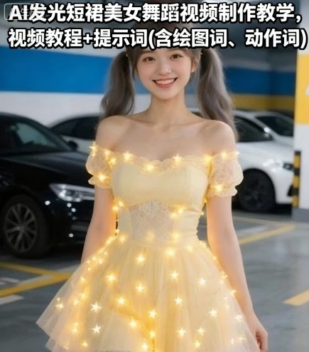AI发光短裙美女舞蹈视频制作教学，视频教程+提示词(含绘图词、动作词)-菜菜网创
