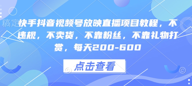 快手抖音视频号放映直播项目教程，不违规，不卖货，不靠粉丝，不靠礼物打赏，每天200-600-菜菜网创