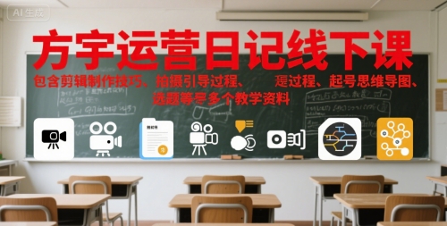 方宇运营日记线下课，包含剪辑制作技巧、拍摄引导过程、起号思维导图、选题等多个教学资料-菜菜网创