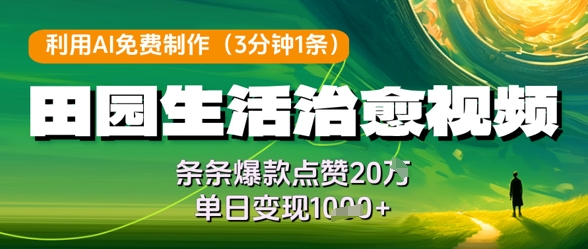 利用AI免费制作田园生活治愈视频，条条爆款点赞20W，单日变现几张-菜菜网创