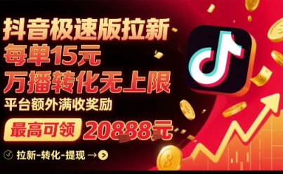 抖音极速版拉新，平台扶持力度大，每单15米，万播转化无上限，平台额外满收奖励-菜菜网创
