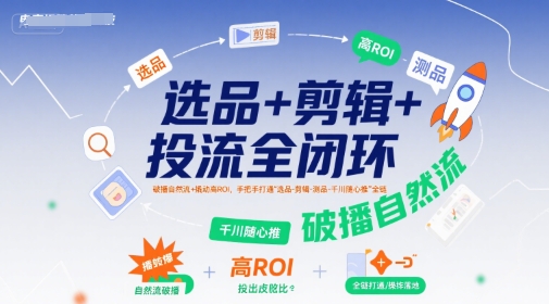 选品+剪辑+投流全闭环，破播自然流+撬动高ROI，手把手打通“选品-剪辑-测品-千川随心推”全链-菜菜网创