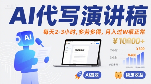 AI代写演讲稿，每天2-3小时，多劳多得，月入过W很正常-菜菜网创