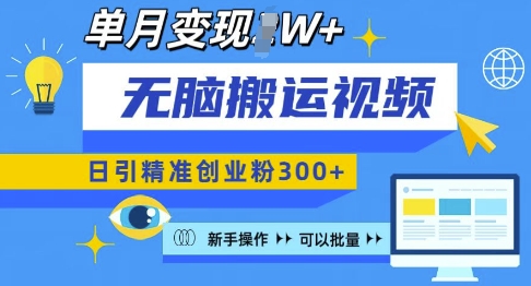 无脑搬运视频号可批量复制，新手即可操作，日引精准创业粉300+，月变现过W 【揭秘】-菜菜网创