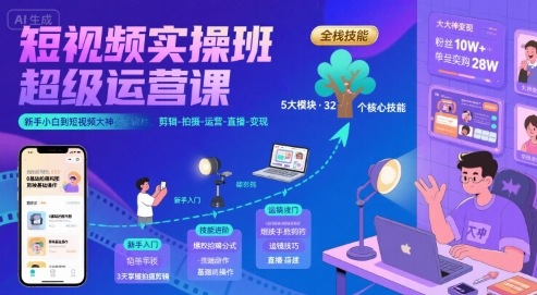 短视频实操班超级运营课，新手小白到短视频大神必修课程，剪辑-拍摄-运营-直播-变现-菜菜网创