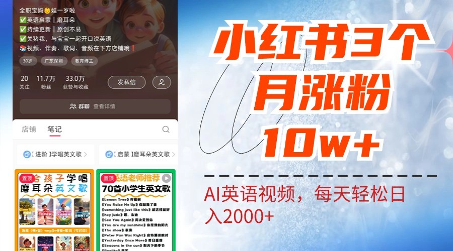 小红书三个月涨粉10W，AI英语视频0成本制作，每天轻松日入2000+-菜菜网创