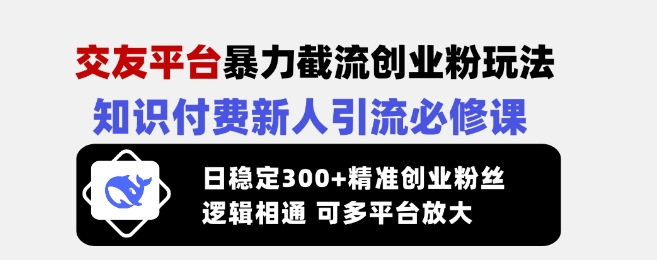 交友平台暴力截流创业粉玩法，知识付费新人引流必修课，日稳定300+精准创业粉丝，逻辑相通可多平台放大-菜菜网创