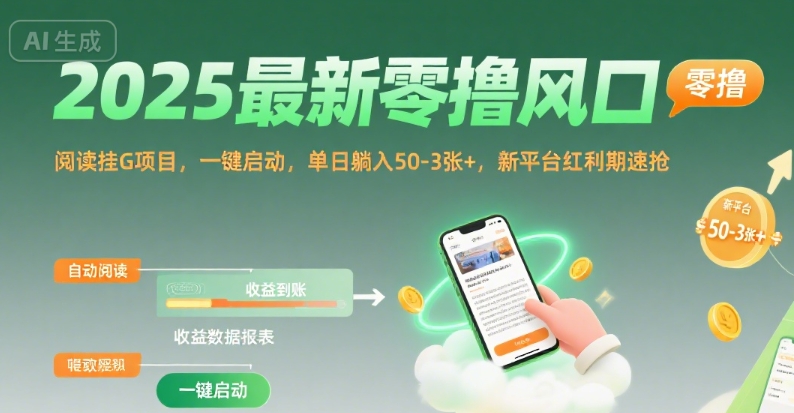 2025最新零撸风口，阅读挂G项目，一键启动，单日躺入 50-3张+，新平台红利期速抢【揭秘】-菜菜网创