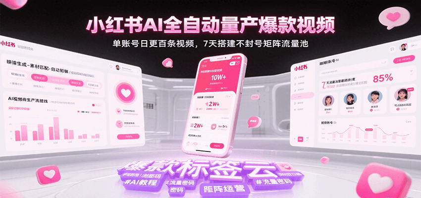 小红书AI全自动量产爆款视频，单账号日更百条视频，7天搭建不封号矩阵流量池-菜菜网创