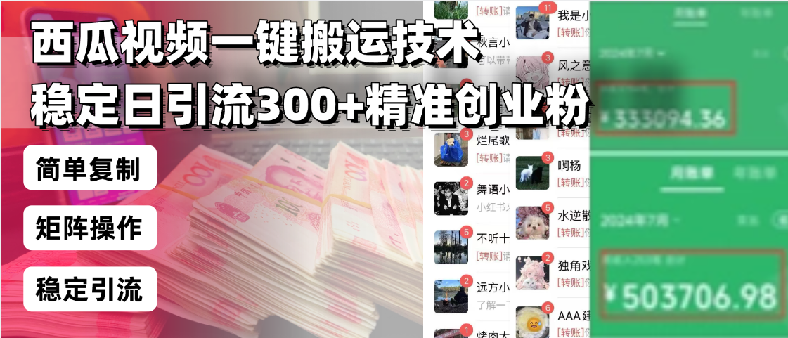 西瓜视频一键搬运技术，稳定日引流300+精准创业粉，简单可复制给团队，…-菜菜网创