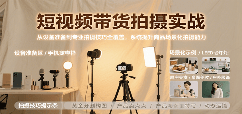 短视频带货拍摄实战，从设备准备到专业拍摄技巧全覆盖，系统提升商品场景化拍摄能力-菜菜网创