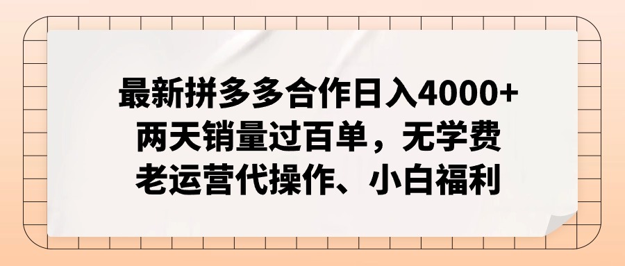 拼多多最新合作日入4000+两天销量过百单，无学费、老运营代操作、小白福利-菜菜网创