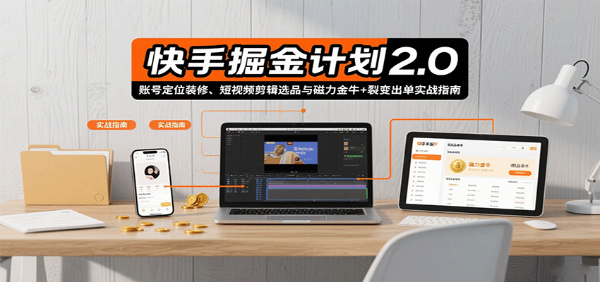快手掘金计划2.0，账号定位装修、短视频剪辑选品与磁力金牛+裂变出单实战指南-菜菜网创