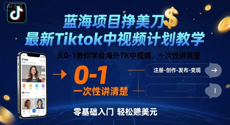 蓝海项目挣美刀，最新Tiktok中视频计划教学，从0-1教你学会海外TK中视频，一次性讲清楚-菜菜网创
