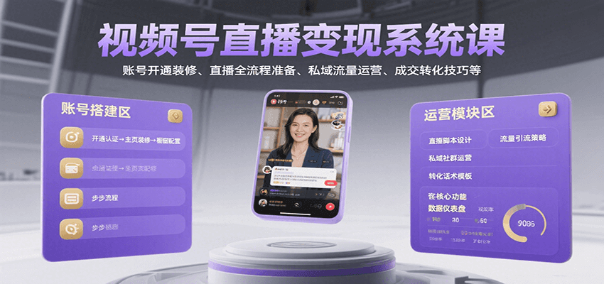 视频号直播变现系统课，账号开通装修、直播全流程准备、私域流量运营、成交转化技巧等-菜菜网创