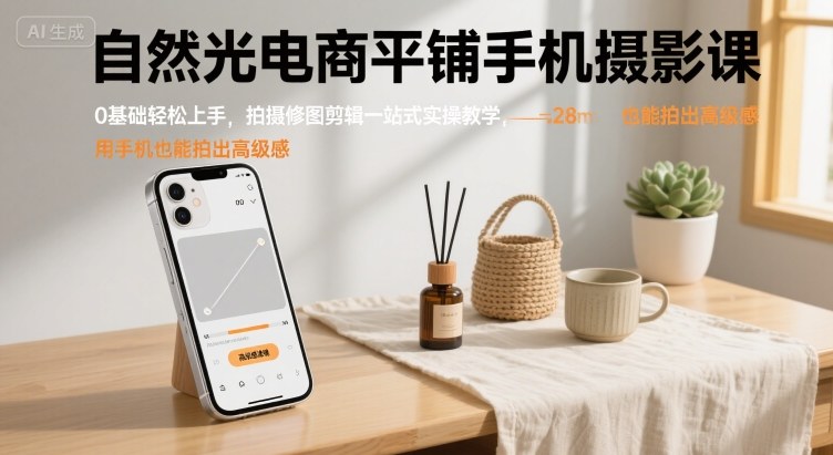 自然光电商平铺手机摄影课，0基础轻松上手，拍摄修图剪辑一站式实操教学，用手机也能拍出高级感-菜菜网创