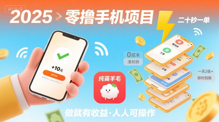 2025年零撸手机项目，二十秒一单，纯薅羊毛 一天2张+做就有-菜菜网创