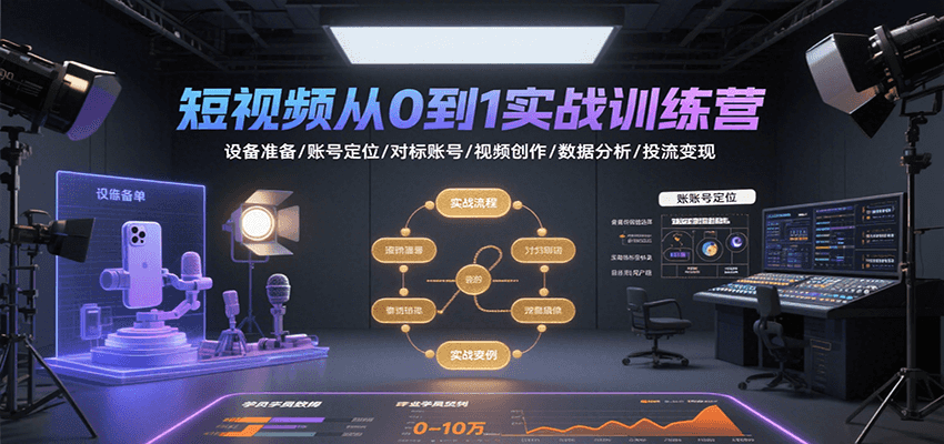 短视频从0到1实战训练营：设备准备/账号定位/对标账号/视频创作/数据分析/投流变现-菜菜网创