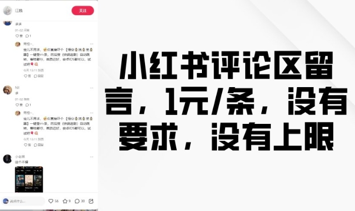 小红书评论区留言，1元条，没有要求，没有上限-菜菜网创