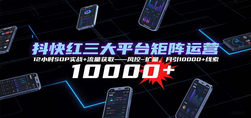 抖快红三大平台矩阵运营，12小时SOP实战+流量获取-风控-扩量，月引10000+线索-菜菜网创