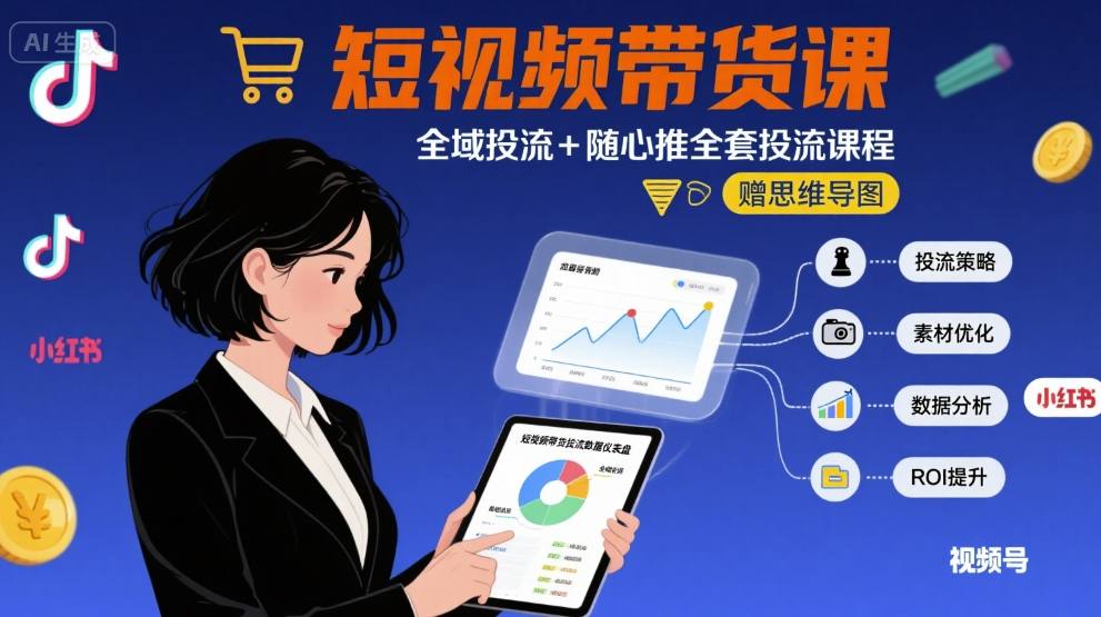 最新短视频带货课，全域投流+随心推全套投流课程+思维导图-菜菜网创