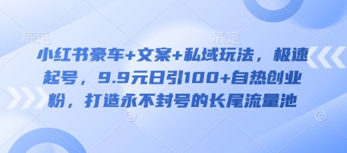 小红书豪车+文案+私域玩法，极速起号，9.9元日引100+自热创业粉，打造永不封号的长尾流量池-菜菜网创