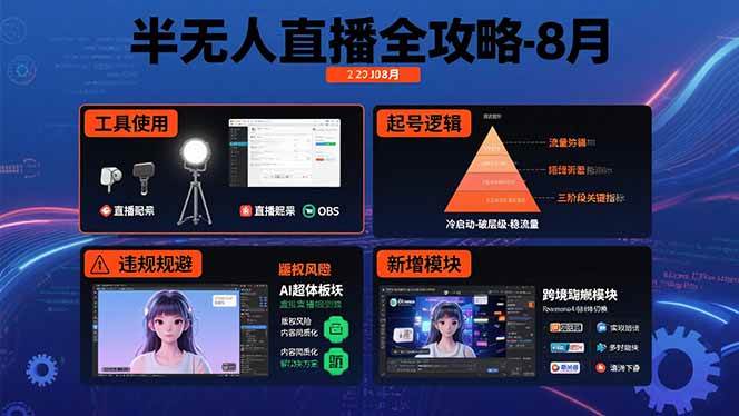 （15669期）半无人直播全攻略-8月：工具使用+起号逻辑+违规规避,新增AI超体与跨境模块-菜菜网创