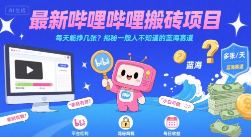 最新哔哩哔哩上B站搬砖项目，每天能挣几张？揭秘一般人不知道的蓝海赛道-菜菜网创