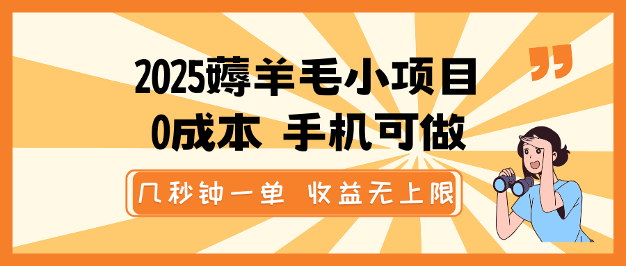 2025薅羊毛小项目，0成本 手机可做，几秒钟一单，收益无上限-菜菜网创