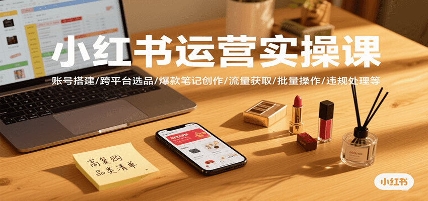 小红书运营实操课，账号搭建/跨平台选品/爆款笔记创作/流量获取/批量操作/违规处理等-菜菜网创