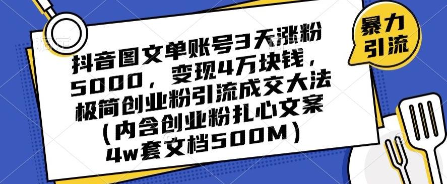 抖音图文单账号3天涨粉5000，变现4万块钱，极简创业粉引流成交大法-菜菜网创