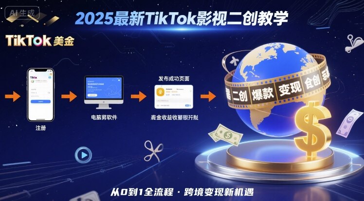2025年最新TikTok影视二创教学，从注册到发布撸美金全流程，跨境变现新机遇-菜菜网创