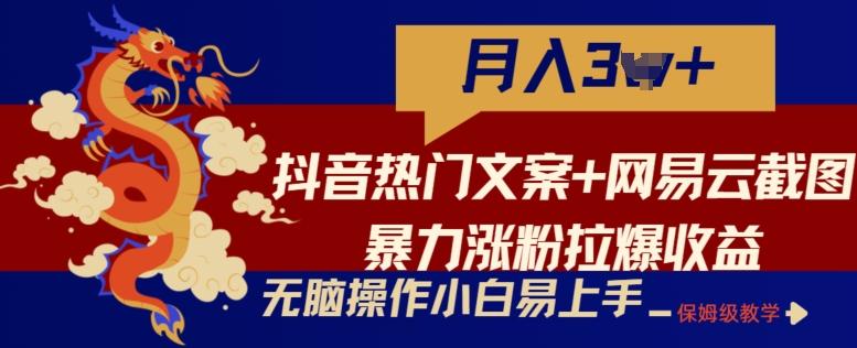 抖音热门文案+网易云截图暴力涨粉拉爆收益玩法，小白无脑操作，简单易上手【揭秘】-菜菜网创