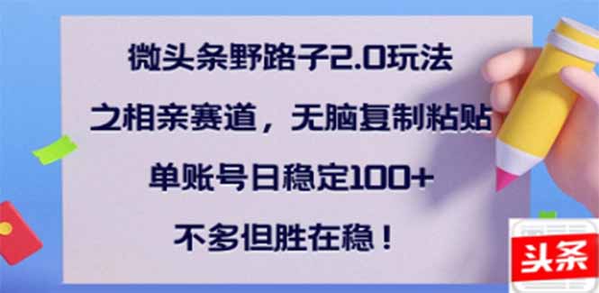 微头条野路子2.0玩法之相亲赛道，无脑搬砖复制粘贴，单账号日稳定300+…-菜菜网创