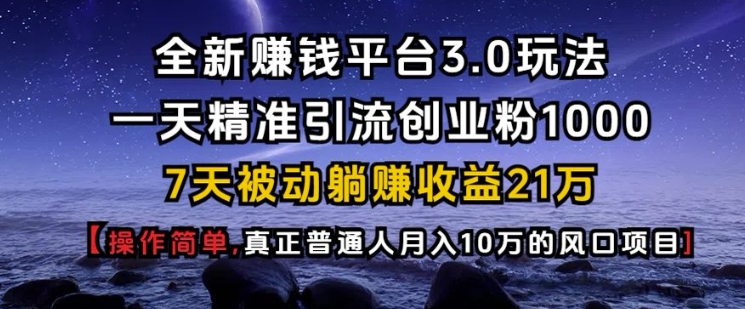 全新赚钱平台3.0玩法一天精准引流创业粉1000.7天被动躺Z收益21W【仅揭秘】-菜菜网创