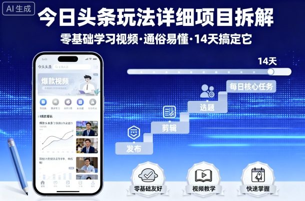 今日头条玩法详细项目拆解，零基础学习视频 通俗易懂 14天搞定它-菜菜网创