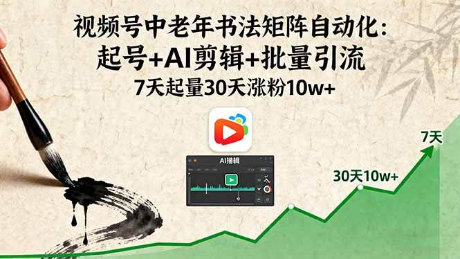 （16022期）视频号中老年书法矩阵自动化：起号+AI剪辑+批量引流 7天起量30天涨粉10w+-菜菜网创