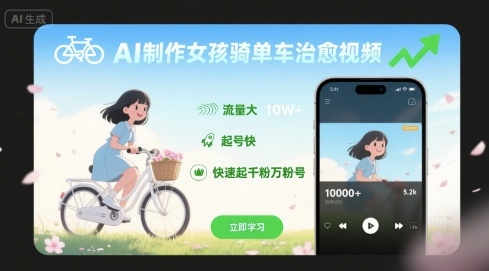 AI制作女孩骑单车治愈视频，流量大，起号快，快速起千粉万粉号-菜菜网创
