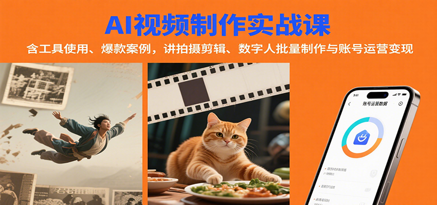 AI视频制作实战：含工具使用、爆款案例，讲拍摄剪辑、数字人批量制作与账号运营变现-菜菜网创