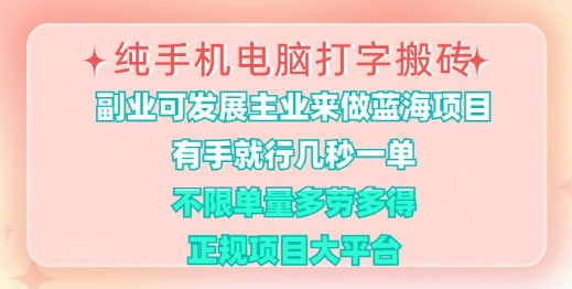 纯手机电脑打字搬砖，有手就行，几秒一单，多劳多得，正规项目大平台【揭秘】-菜菜网创