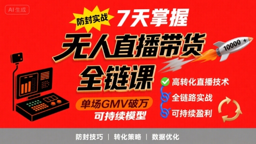 无人直播带货全链防封实战课，7天掌握高转化直播技术，实现单场GMV破万可持续模型-菜菜网创